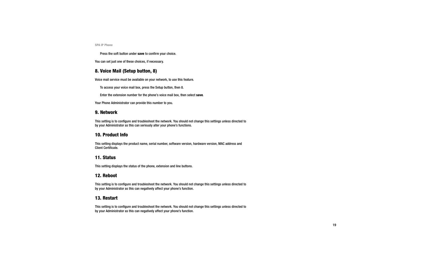 Voice mail (setup button, 8), Network, Product info | Status, Reboot, Restart | Linksys SPA 922 User Manual | Page 23 / 29