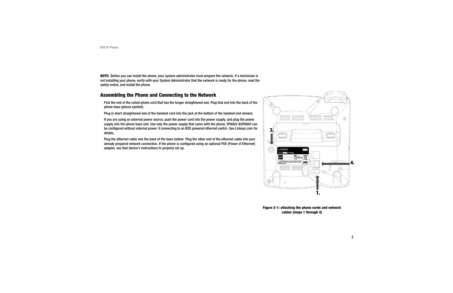 Chapter 2: installing, Assembling the phone and connecting to the network | Linksys SPA 922 User Manual | Page 7 / 29