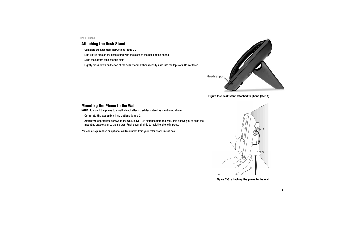 Attaching the desk stand, Mounting the phone to the wall | Linksys SPA 922 User Manual | Page 8 / 29