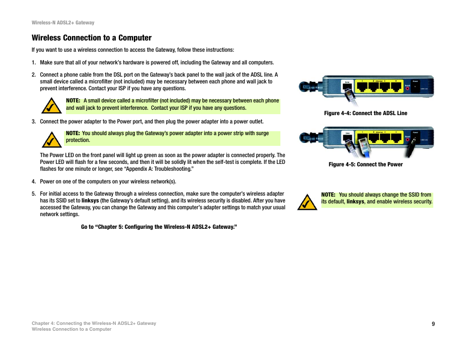 Figure 4-4: connect the adsl line, Figure 4-5: connect the power, Wireless connection to a computer | Linksys WAG300N User Manual | Page 15 / 98
