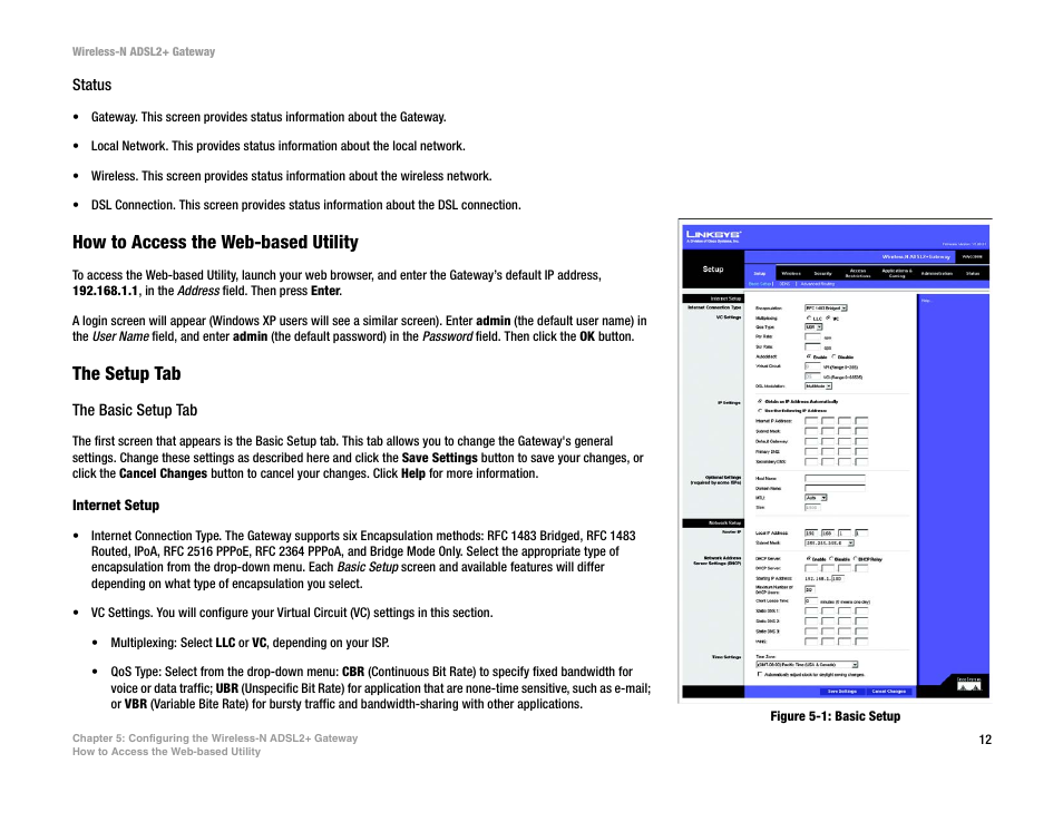Figure 5-1: basic setup, How to access the web-based utility, The setup tab | Linksys WAG300N User Manual | Page 18 / 98