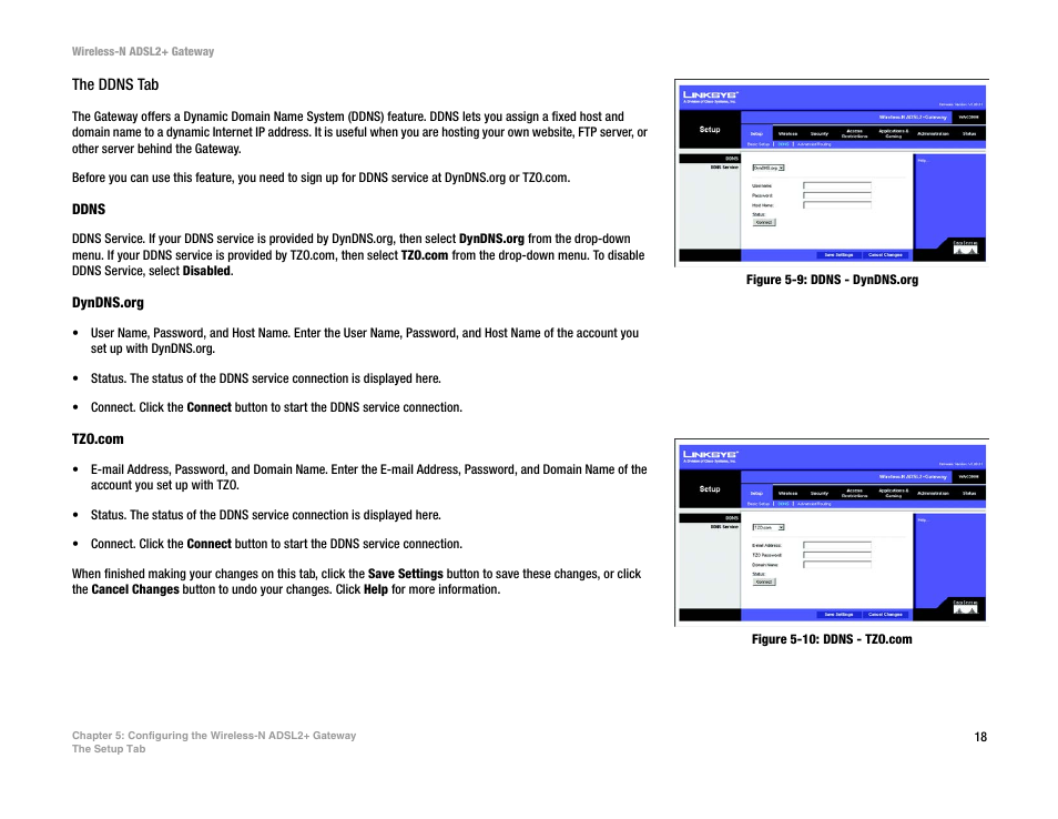 Figure 5-9: ddns - dyndns.org, Figure 5-10: ddns - tzo.com | Linksys WAG300N User Manual | Page 24 / 98