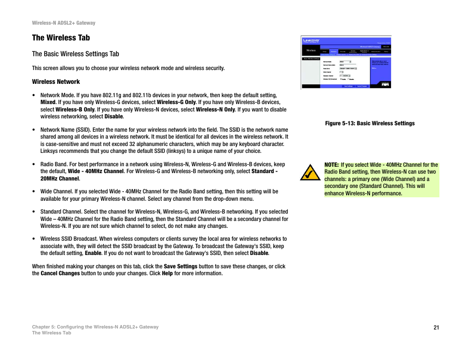 Figure 5-13: basic wireless settings, The wireless tab | Linksys WAG300N User Manual | Page 27 / 98