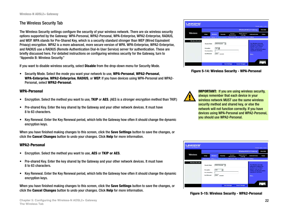 Figure 5-14: wireless security - wpa-personal, Figure 5-15: wireless security - wpa2-personal | Linksys WAG300N User Manual | Page 28 / 98