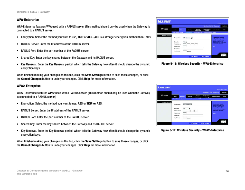 Figure 5-16: wireless security - wpa-enterprise, Figure 5-17: wireless security - wpa2-enterprise | Linksys WAG300N User Manual | Page 29 / 98