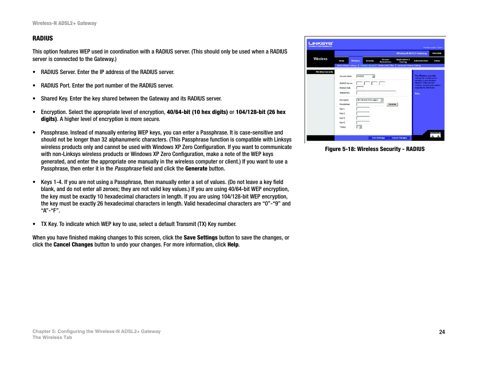 Figure 5-18: wireless security - radius | Linksys WAG300N User Manual | Page 30 / 98