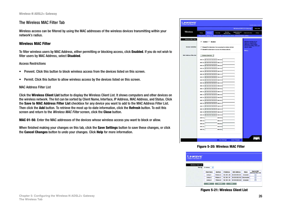 Figure 5-20: wireless mac filter, Figure 5-21: wireless client list | Linksys WAG300N User Manual | Page 32 / 98