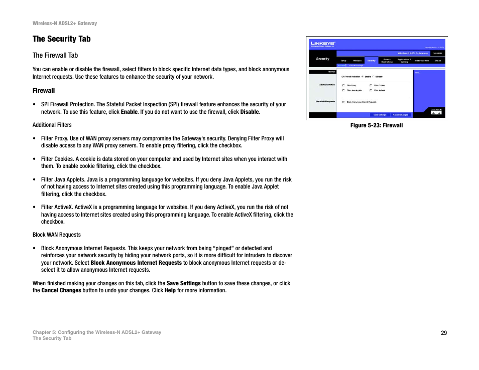Figure 5-23: firewall, The security tab | Linksys WAG300N User Manual | Page 35 / 98