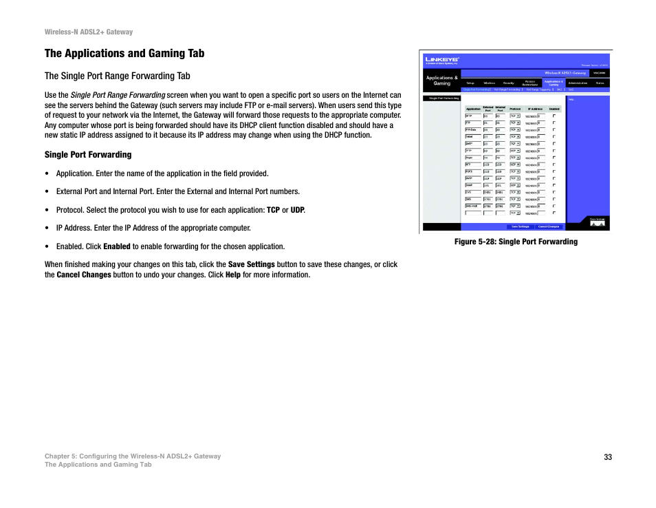Figure 5-28: single port forwarding, The applications and gaming tab | Linksys WAG300N User Manual | Page 39 / 98