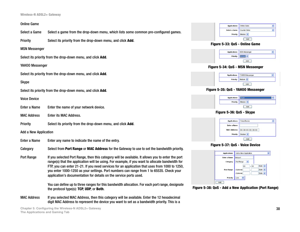 Figure 5-33: qos - online game, Figure 5-34: qos - msn messenger, Figure 5-35: qos - yahoo messenger | Figure 5-36: qos - skype, Figure 5-37: qos - voice device | Linksys WAG300N User Manual | Page 44 / 98