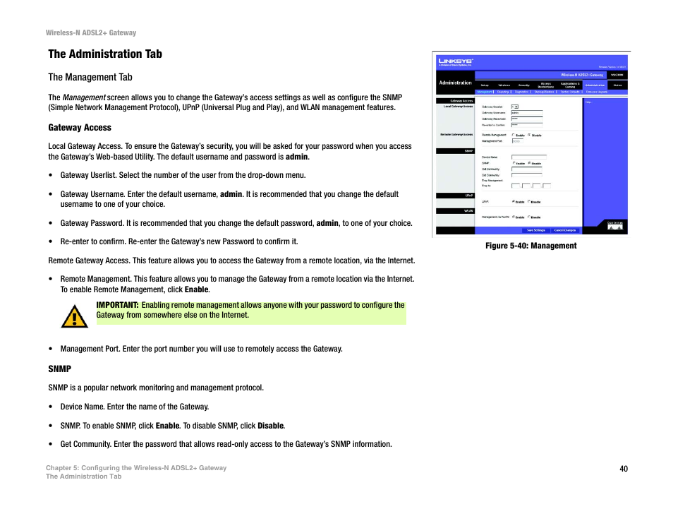 Figure 5-40: management, The administration tab | Linksys WAG300N User Manual | Page 46 / 98