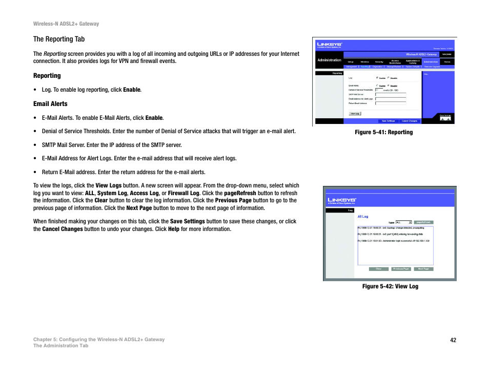 Figure 5-41: reporting, Figure 5-42: view log | Linksys WAG300N User Manual | Page 48 / 98