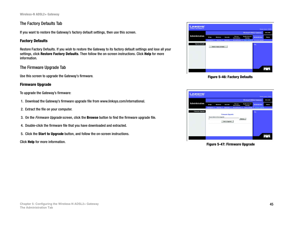 Figure 5-46: factory defaults, Figure 5-47: firmware upgrade | Linksys WAG300N User Manual | Page 51 / 98