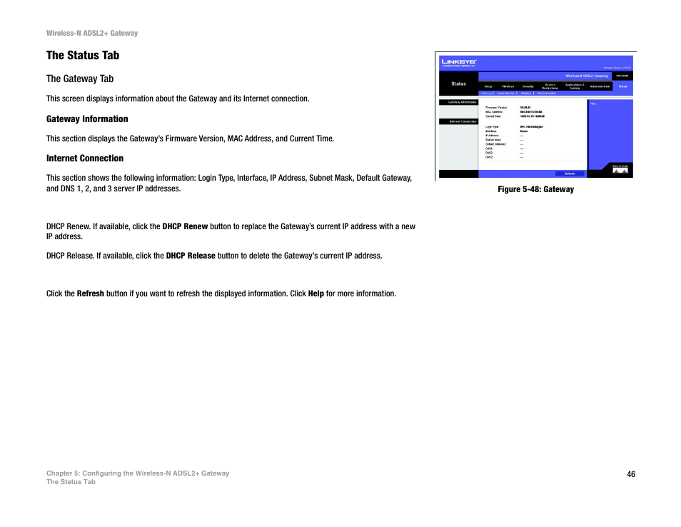 Figure 5-48: gateway, The status tab | Linksys WAG300N User Manual | Page 52 / 98