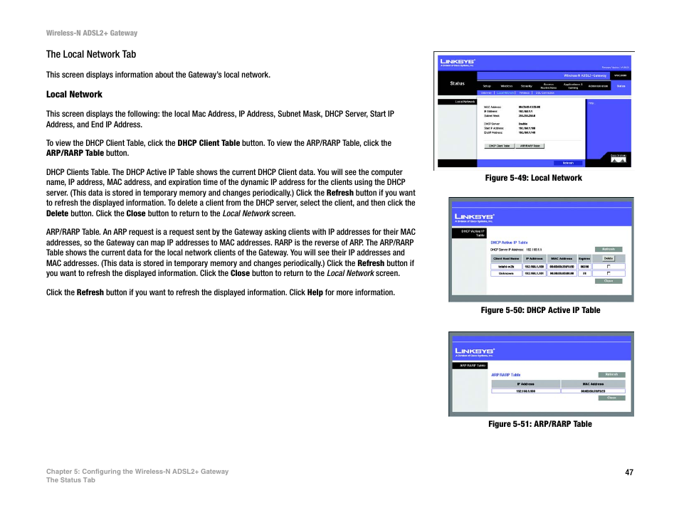 Figure 5-49: local network, Figure 5-50: dhcp active ip table, Figure 5-51: arp/rarp table | Linksys WAG300N User Manual | Page 53 / 98