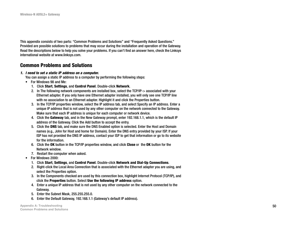 Appendix a: troubleshooting, Common problems and solutions | Linksys WAG300N User Manual | Page 56 / 98