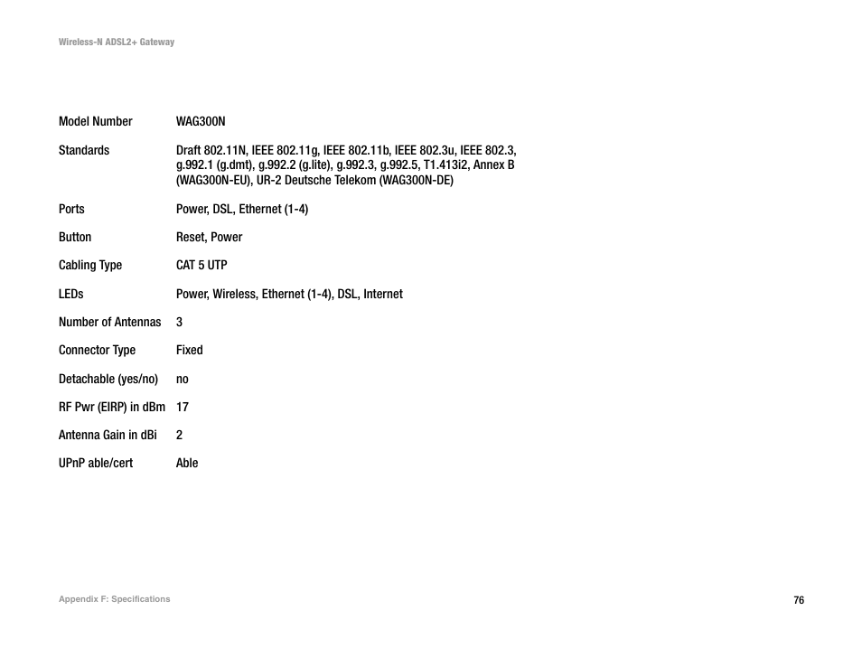 Appendix f: specifications | Linksys WAG300N User Manual | Page 82 / 98