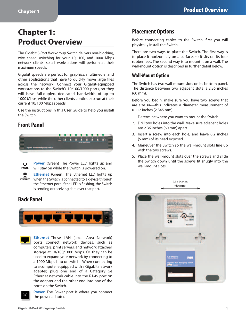 Chapter 1: product overview, Front panel, Back panel | Placement options, Front panel back panel placement options, Product overview, Wall-mount option | Linksys EG008W User Manual | Page 4 / 27