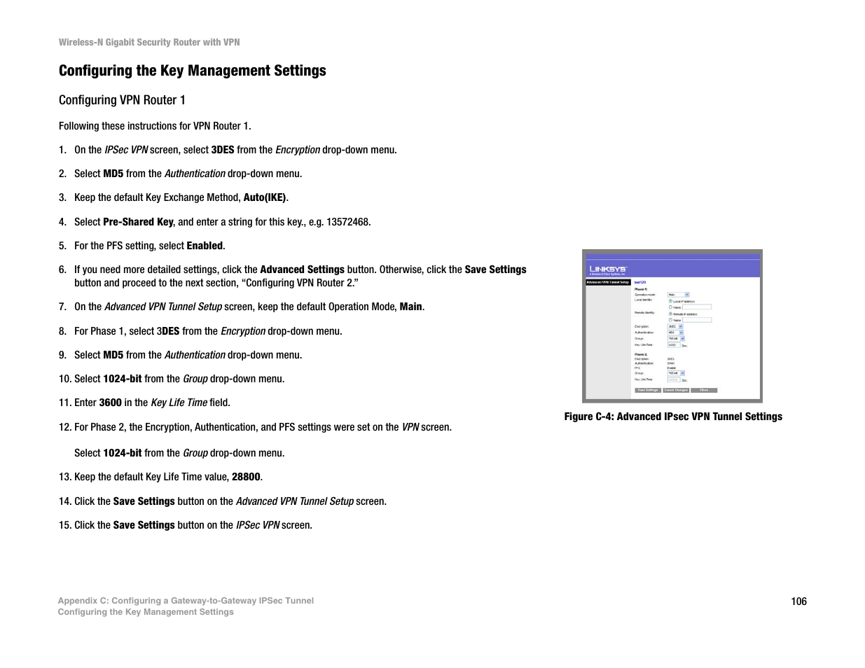 Configuring the key management settings, Configuring vpn router 1 | Linksys WRVS4400N User Manual | Page 114 / 134