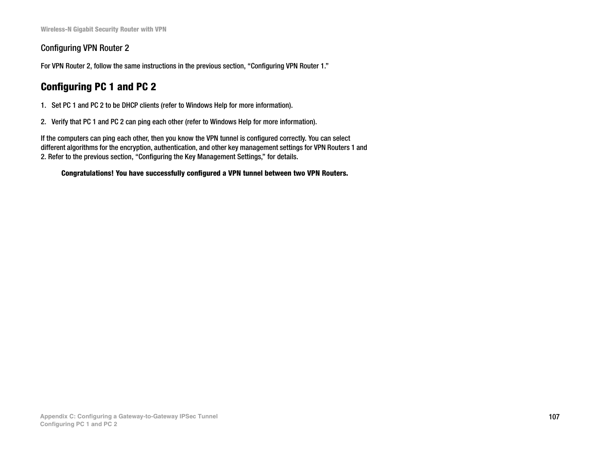 Configuring vpn router 2, Configuring pc 1 and pc 2 | Linksys WRVS4400N User Manual | Page 115 / 134