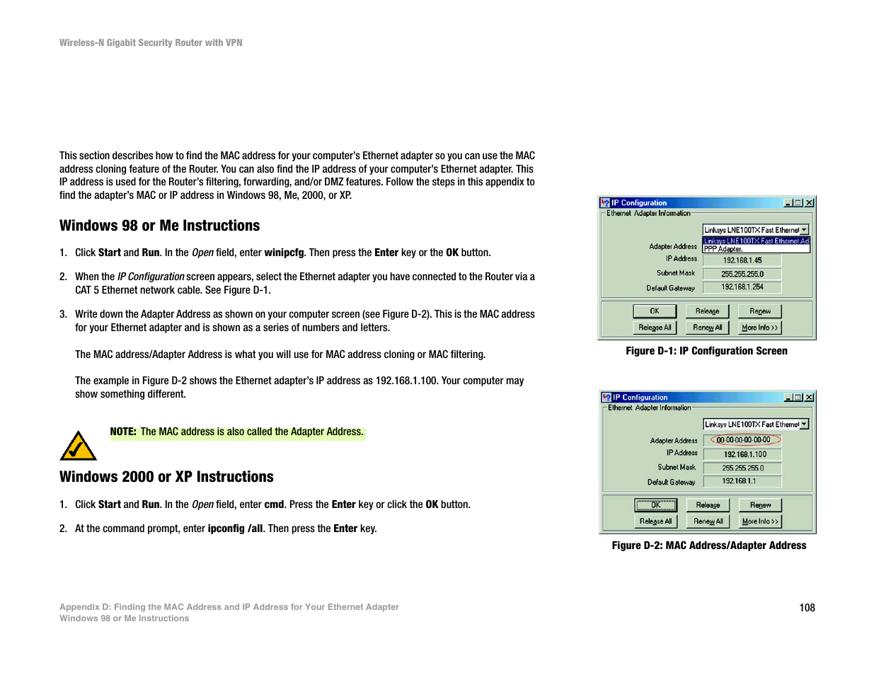 Windows 98 or me instructions, Windows 2000 or xp instructions | Linksys WRVS4400N User Manual | Page 116 / 134