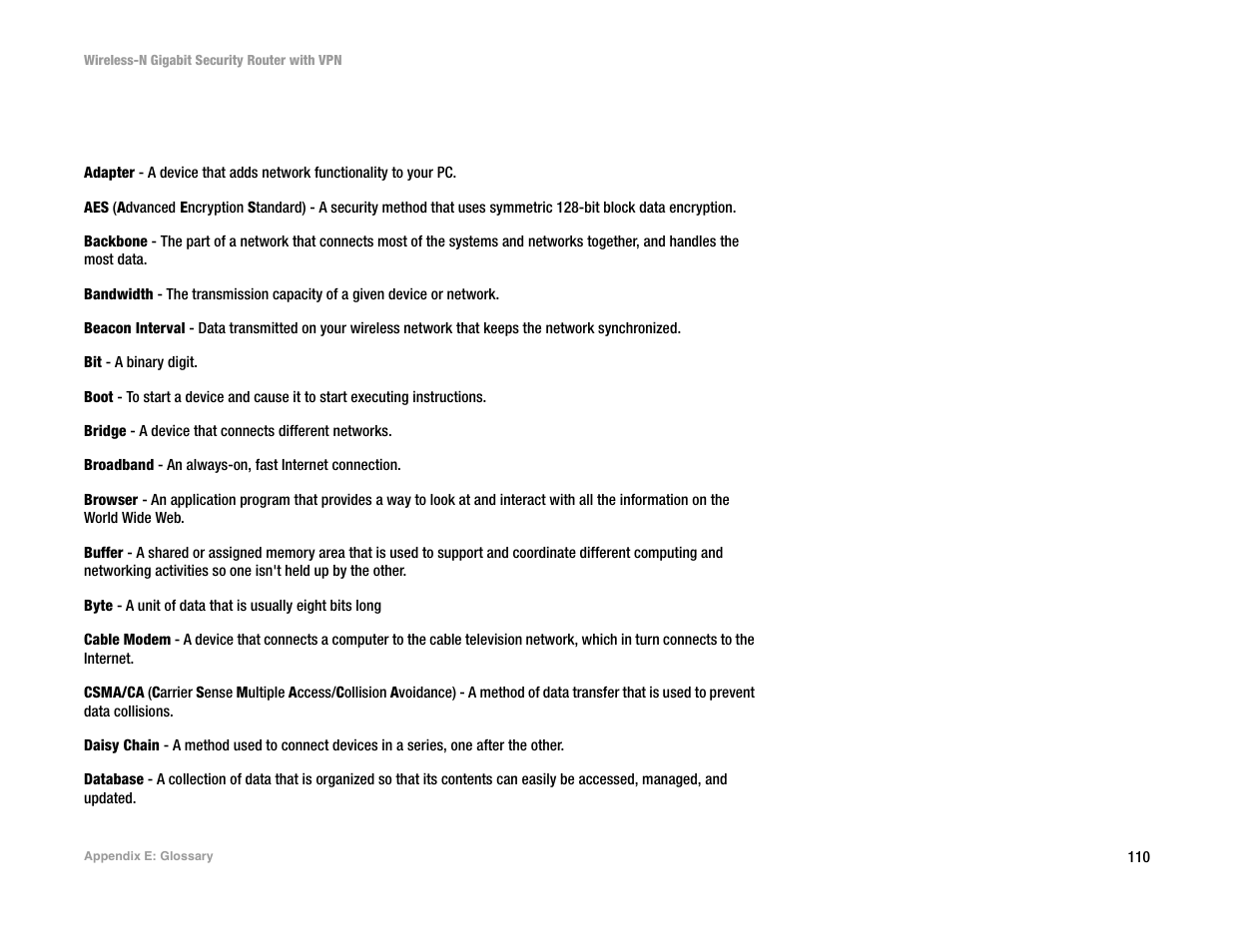 Appendix e: glossary | Linksys WRVS4400N User Manual | Page 118 / 134