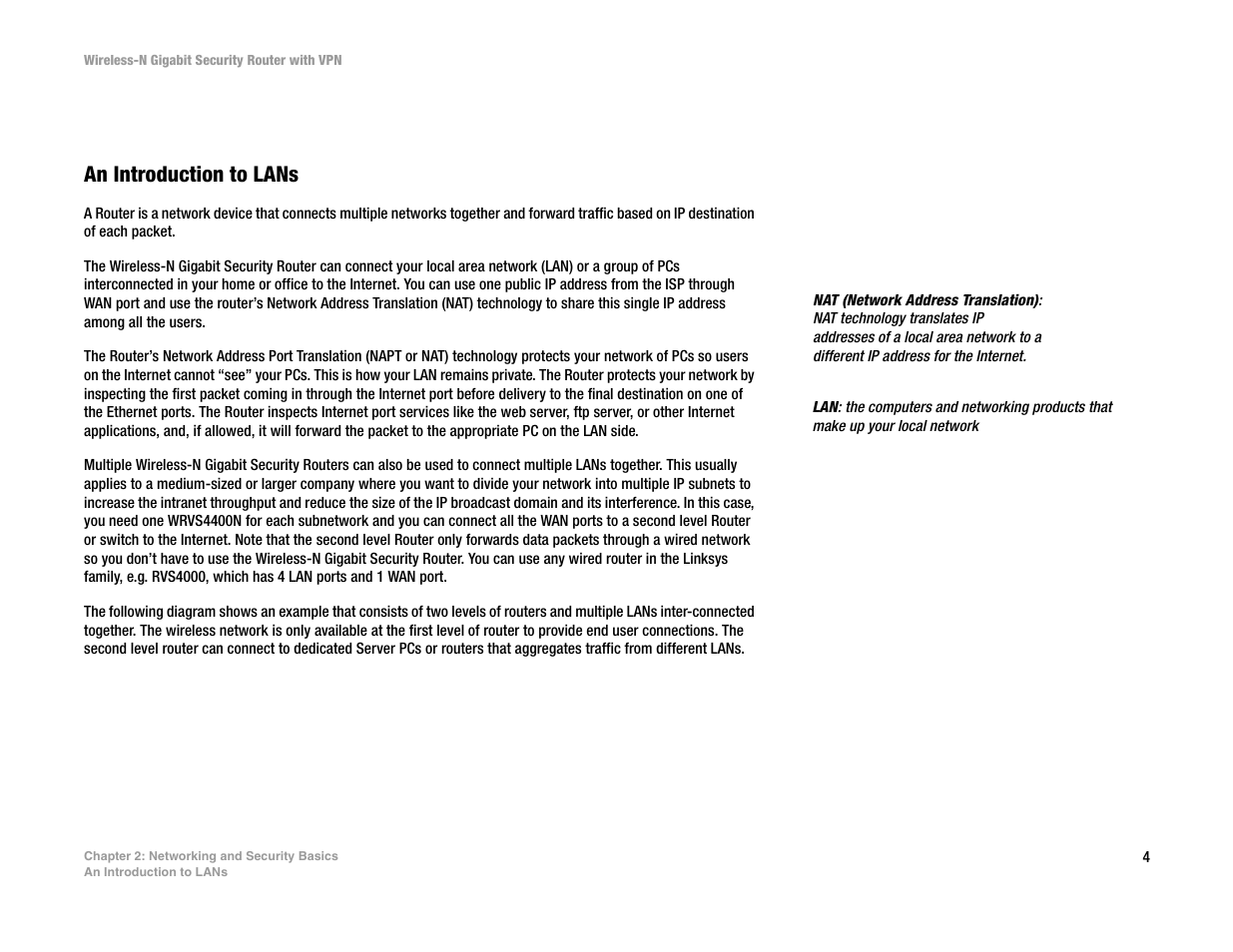 Chapter 2: networking and security basics, An introduction to lans | Linksys WRVS4400N User Manual | Page 12 / 134