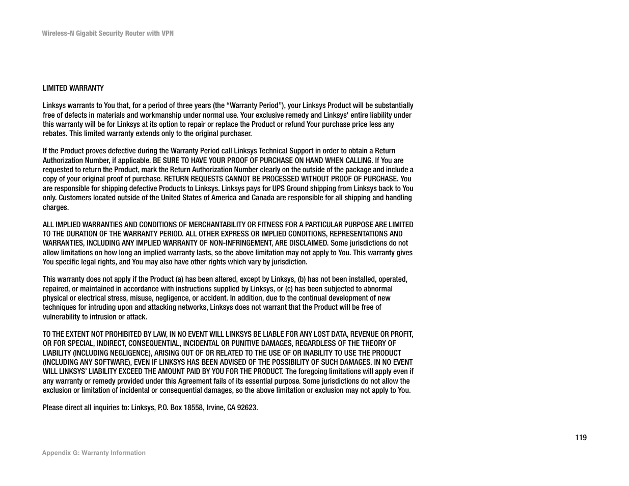 Appendix g: warranty information | Linksys WRVS4400N User Manual | Page 127 / 134