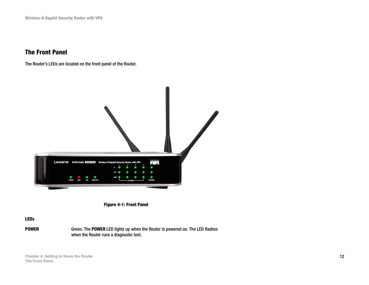 Chapter 4: getting to know the router, The front panel | Linksys WRVS4400N User Manual | Page 20 / 134