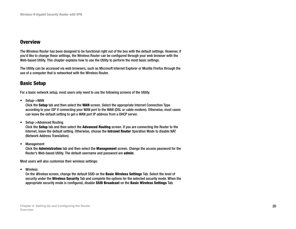 Chapter 6: setting up and configuring the router, Overview, Basic setup | Linksys WRVS4400N User Manual | Page 28 / 134