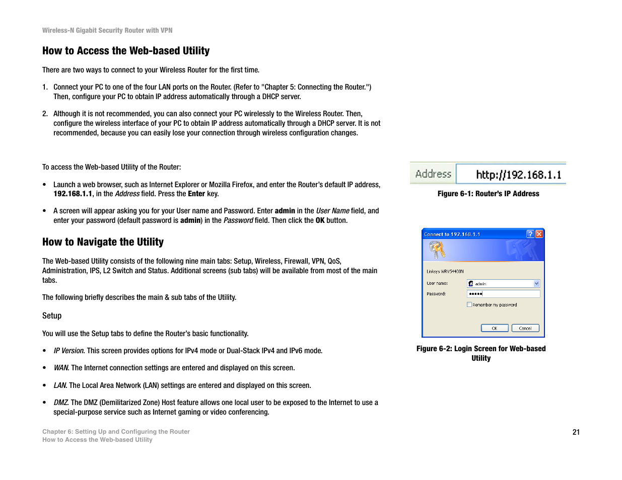 How to access the web-based utility, How to navigate the utility | Linksys WRVS4400N User Manual | Page 29 / 134