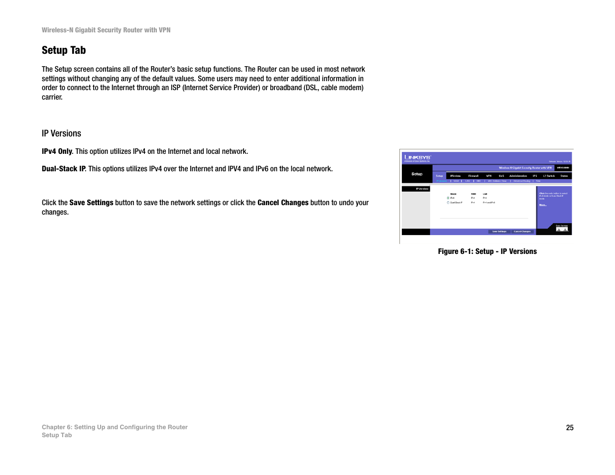 Setup tab, Ip versions | Linksys WRVS4400N User Manual | Page 33 / 134