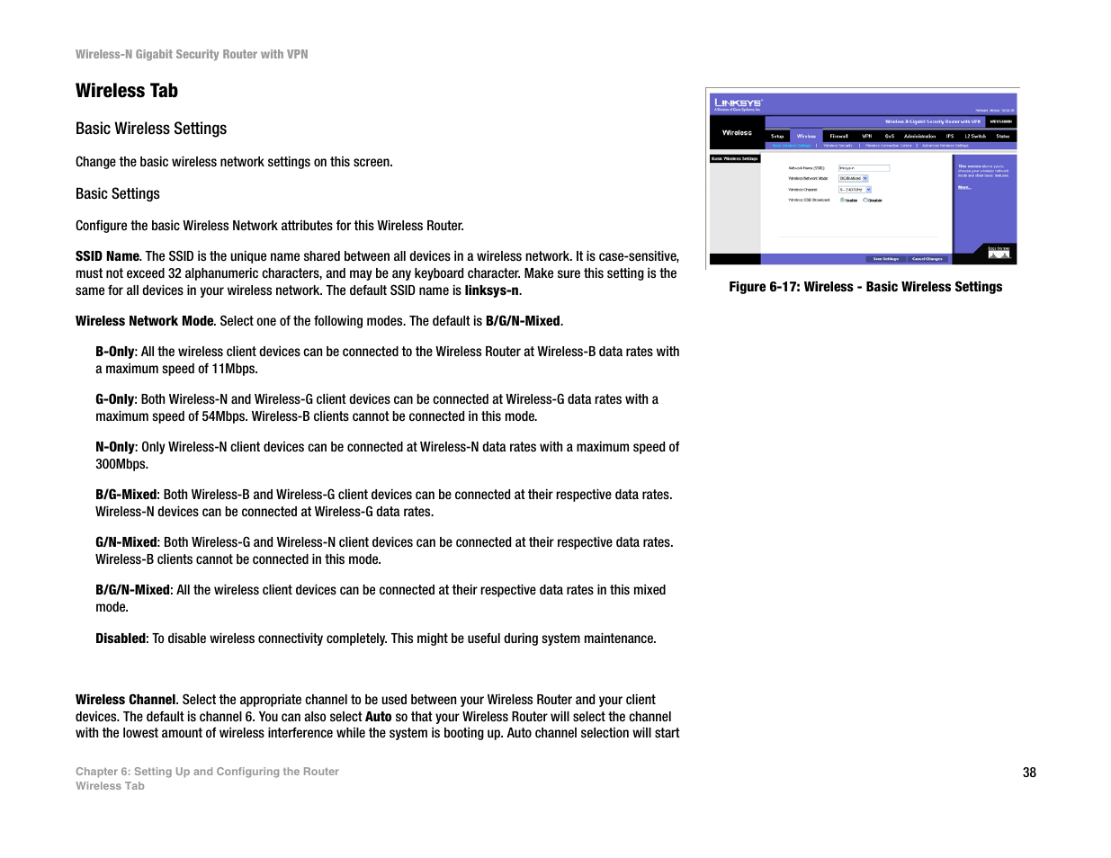 Wireless tab, Basic wireless settings | Linksys WRVS4400N User Manual | Page 46 / 134