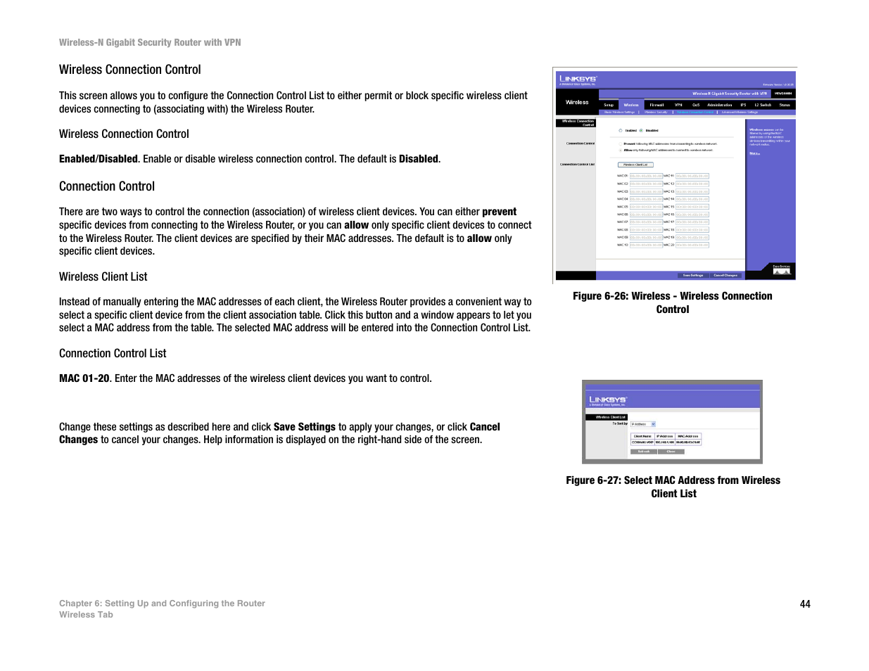 Wireless connection control, Connection control | Linksys WRVS4400N User Manual | Page 52 / 134