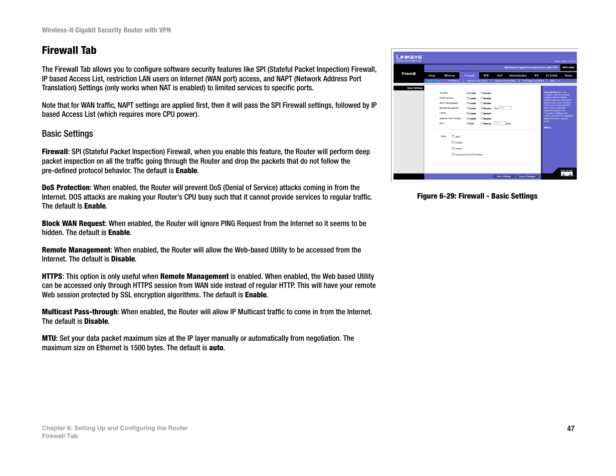 Firewall tab, Basic settings | Linksys WRVS4400N User Manual | Page 55 / 134