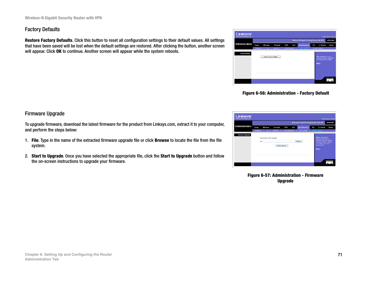 Factory defaults, Firmware upgrade | Linksys WRVS4400N User Manual | Page 79 / 134