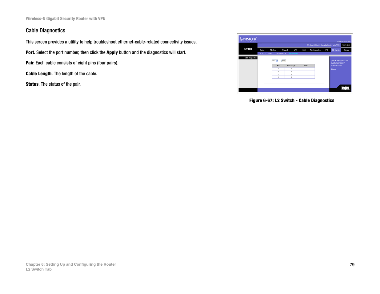 Cable diagnostics | Linksys WRVS4400N User Manual | Page 87 / 134