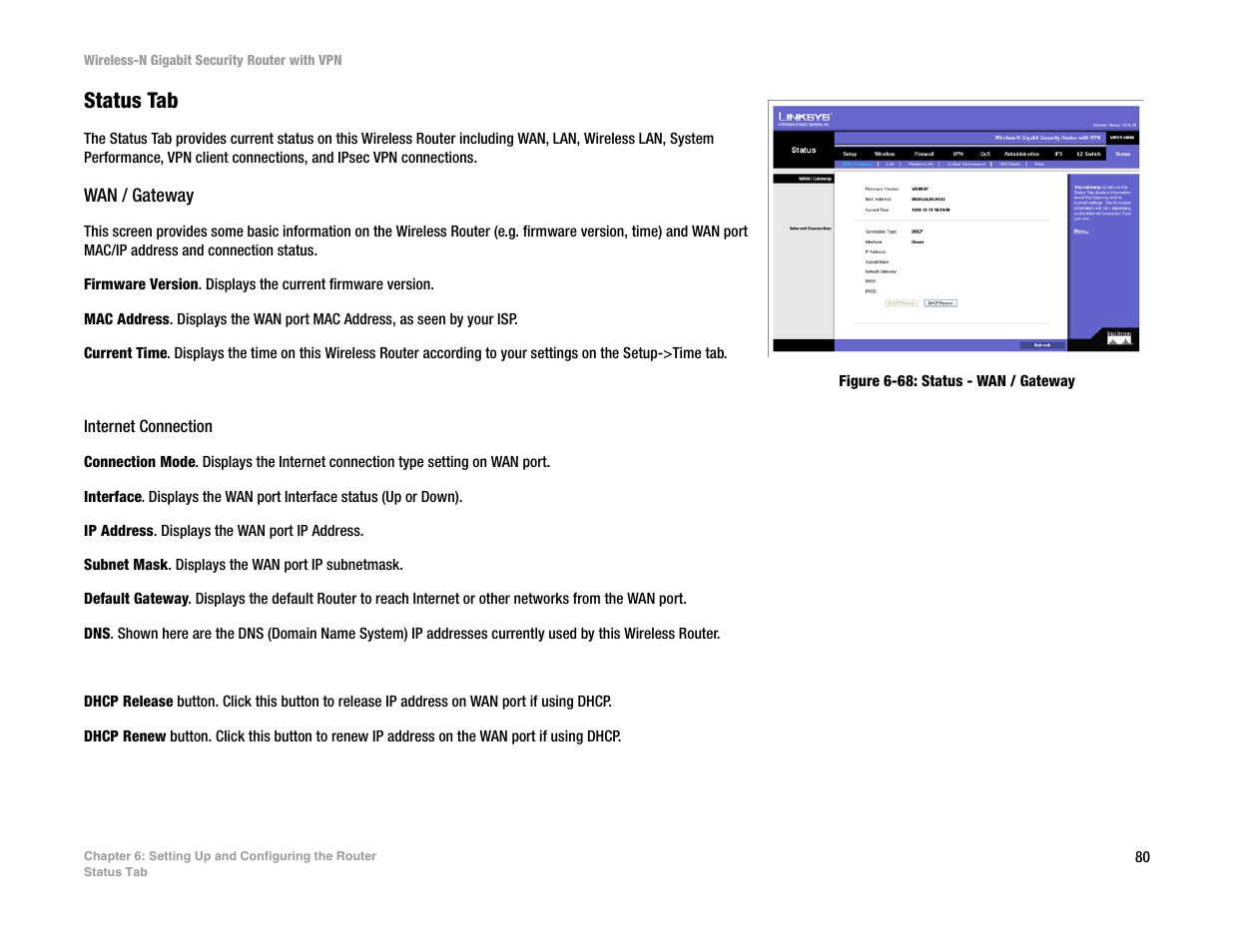 Status tab, Wan / gateway | Linksys WRVS4400N User Manual | Page 88 / 134
