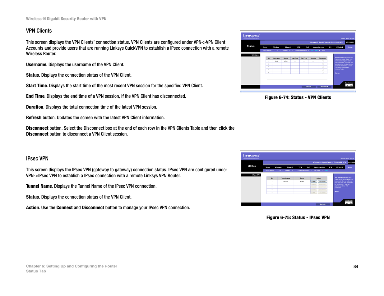 Vpn clients, Ipsec vpn | Linksys WRVS4400N User Manual | Page 92 / 134