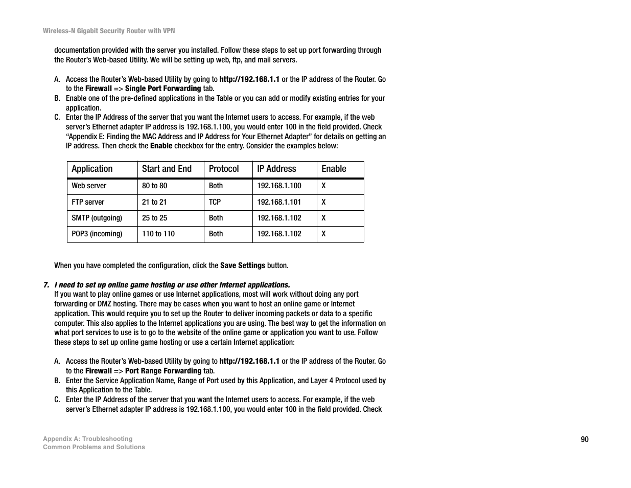 Application, Start and end, Protocol | Ip address, Enable | Linksys WRVS4400N User Manual | Page 98 / 134