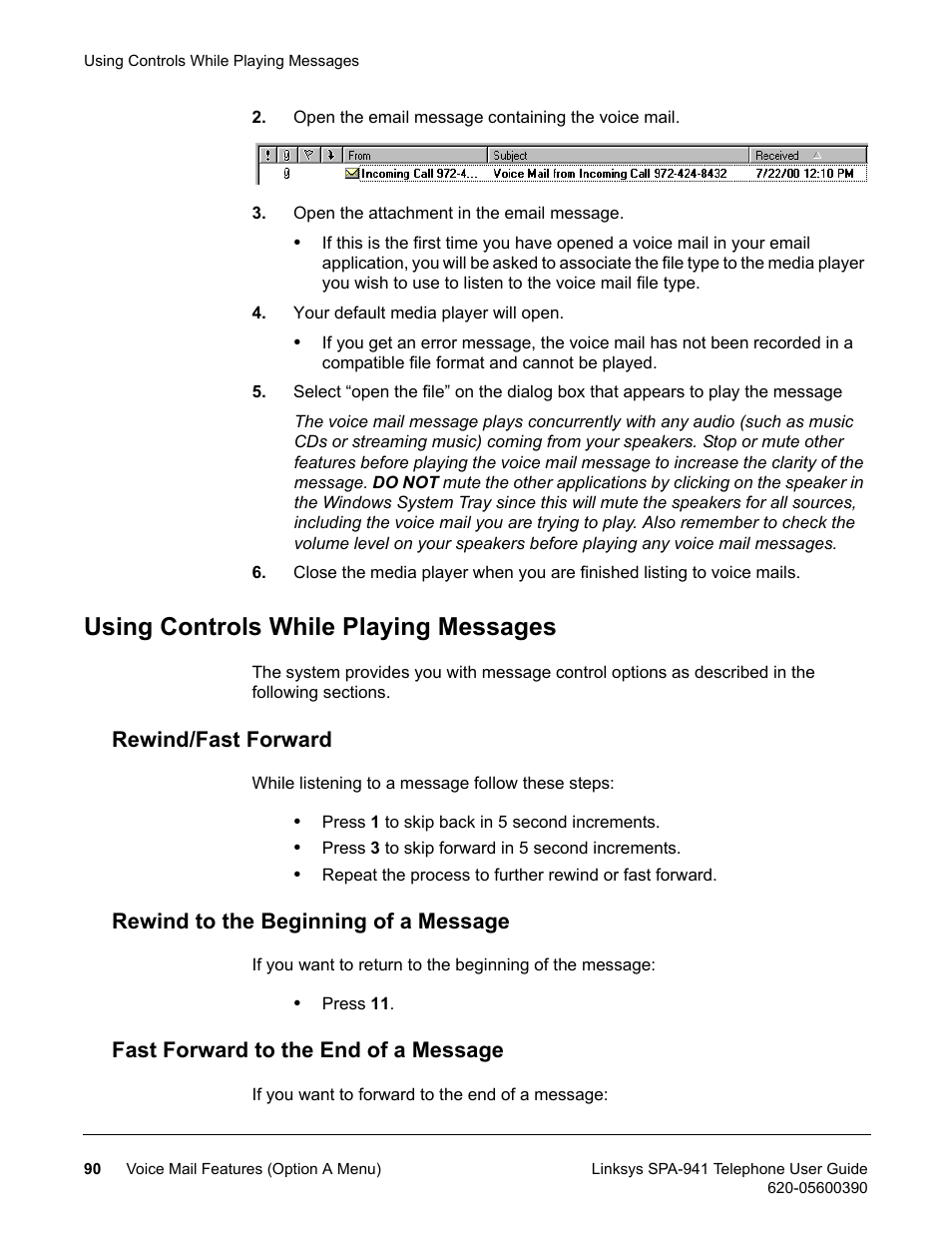 Using controls while playing messages, Rewind/fast forward, Rewind to the beginning of a message | Fast forward to the end of a message | Linksys SPA-941 User Manual | Page 102 / 164