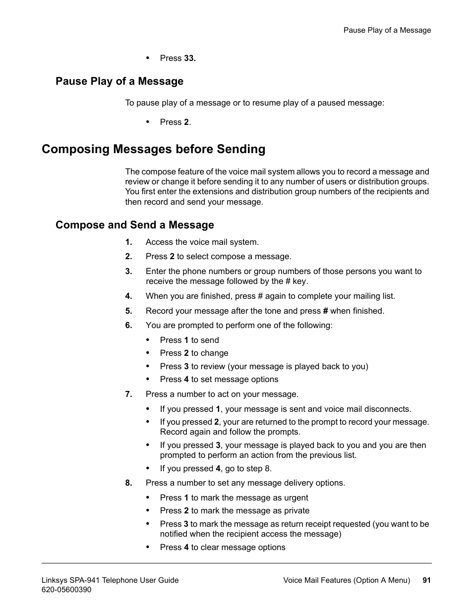 Pause play of a message, Composing messages before sending, Compose and send a message | Linksys SPA-941 User Manual | Page 103 / 164