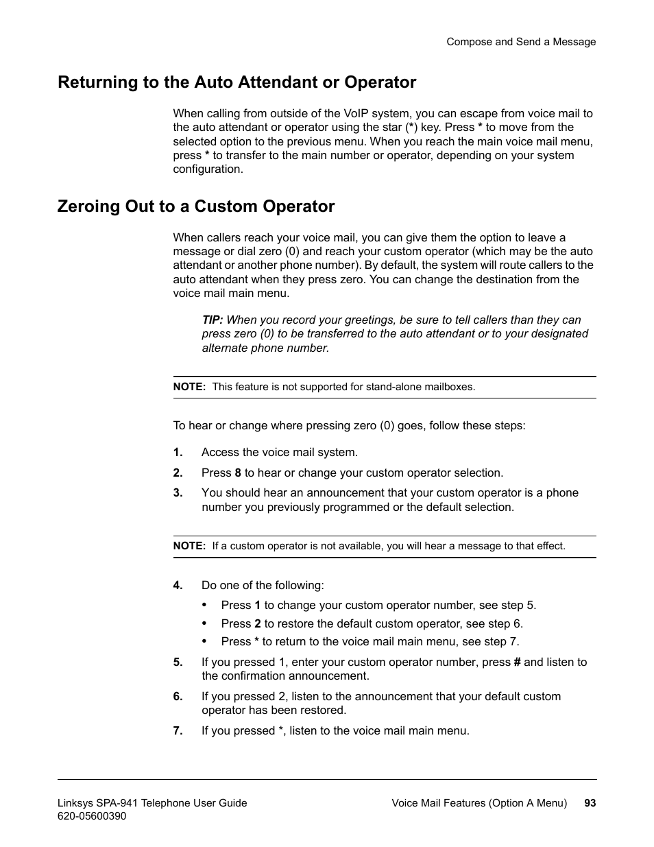 Returning to the auto attendant or operator, Zeroing out to a custom operator | Linksys SPA-941 User Manual | Page 105 / 164