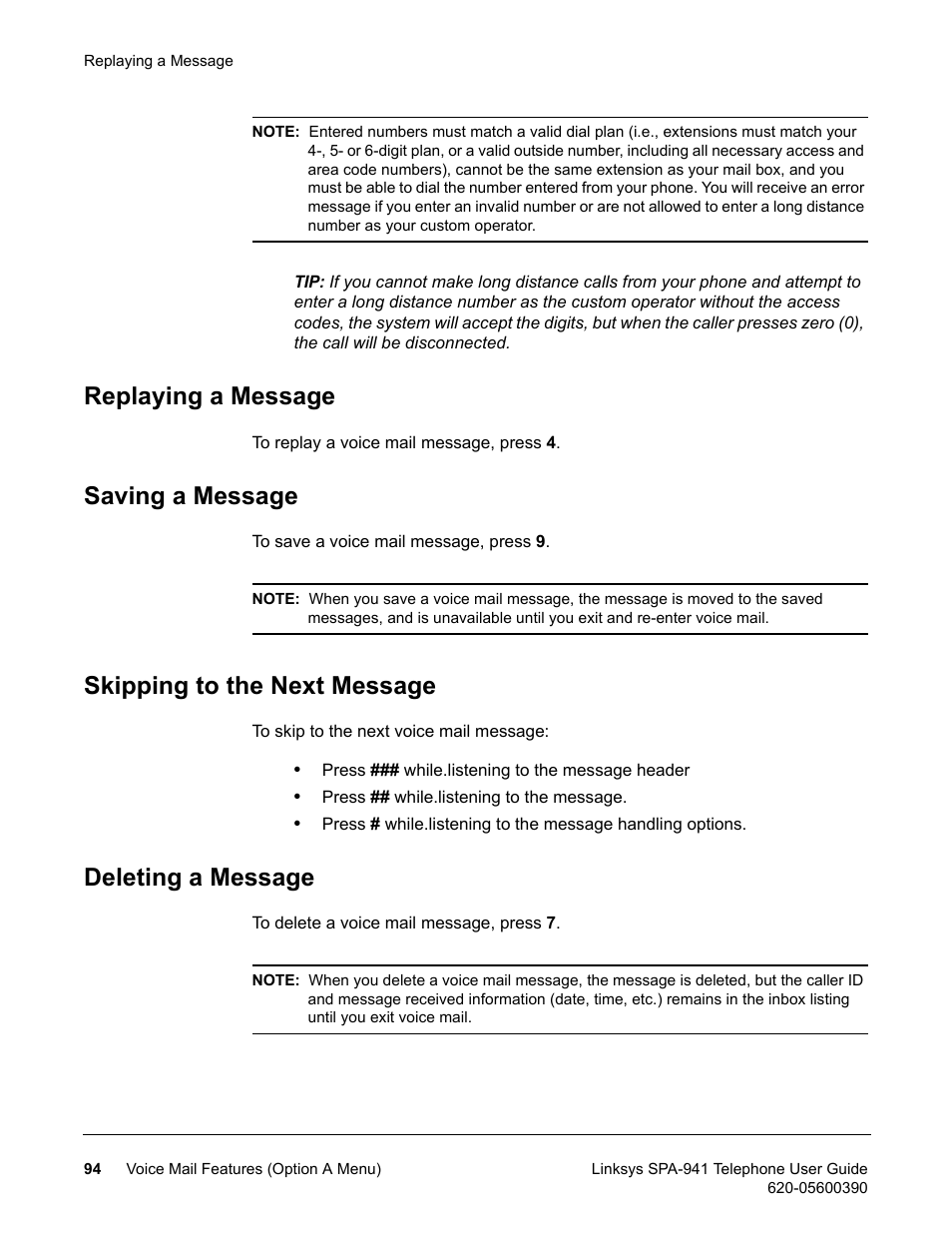 Replaying a message, Saving a message, Skipping to the next message | Deleting a message | Linksys SPA-941 User Manual | Page 106 / 164