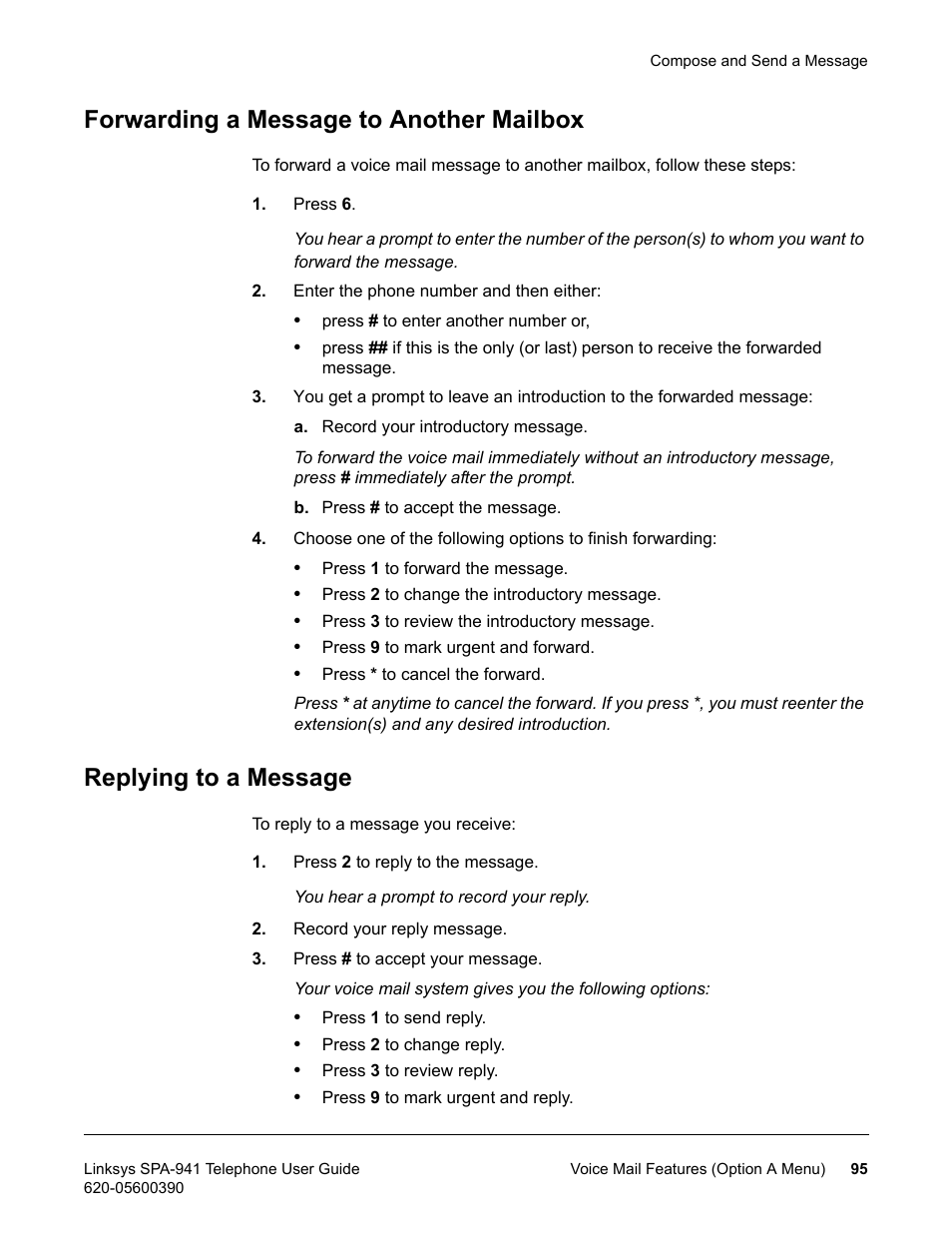 Forwarding a message to another mailbox, Replying to a message | Linksys SPA-941 User Manual | Page 107 / 164