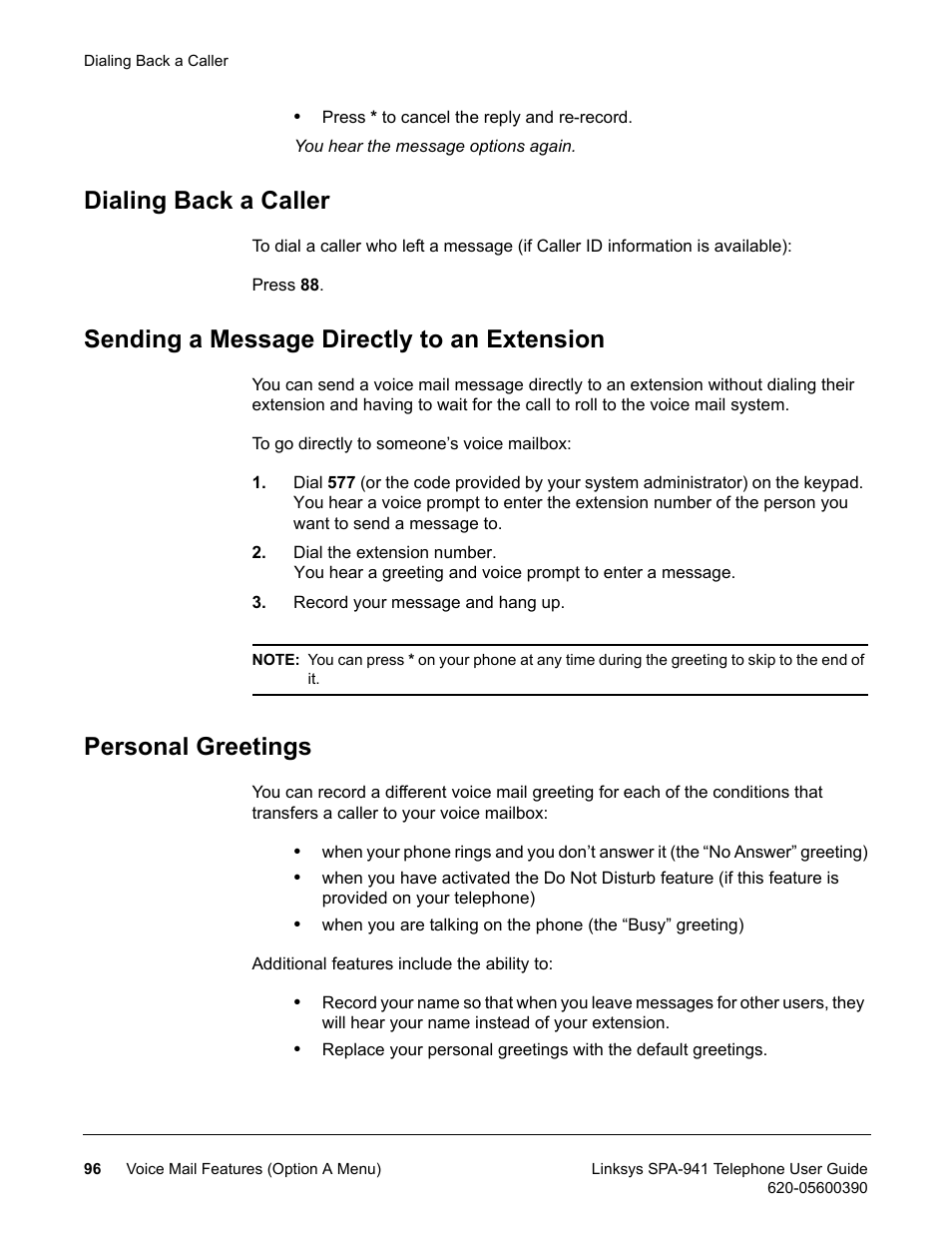 Dialing back a caller, Sending a message directly to an extension, Personal greetings | Linksys SPA-941 User Manual | Page 108 / 164