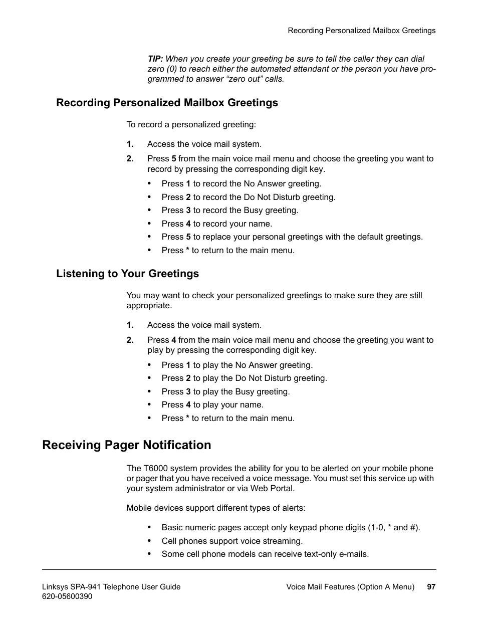 Recording personalized mailbox greetings, Listening to your greetings, Receiving pager notification | Linksys SPA-941 User Manual | Page 109 / 164