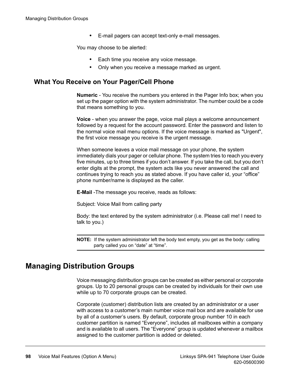 Managing distribution groups, What you receive on your pager/cell phone | Linksys SPA-941 User Manual | Page 110 / 164