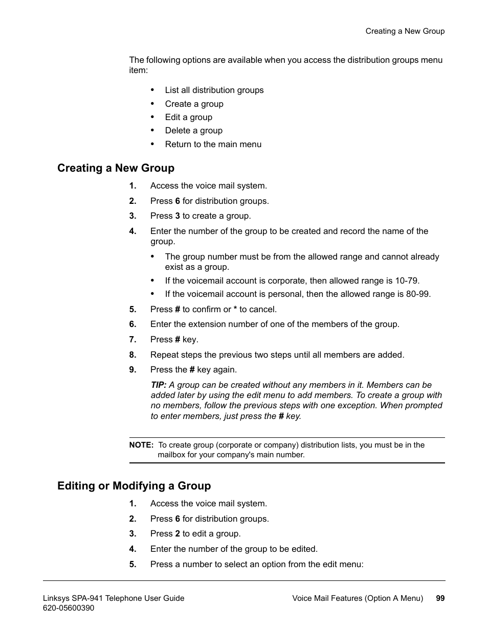 Creating a new group, Editing or modifying a group, Creating a new group editing or modifying a group | Linksys SPA-941 User Manual | Page 111 / 164