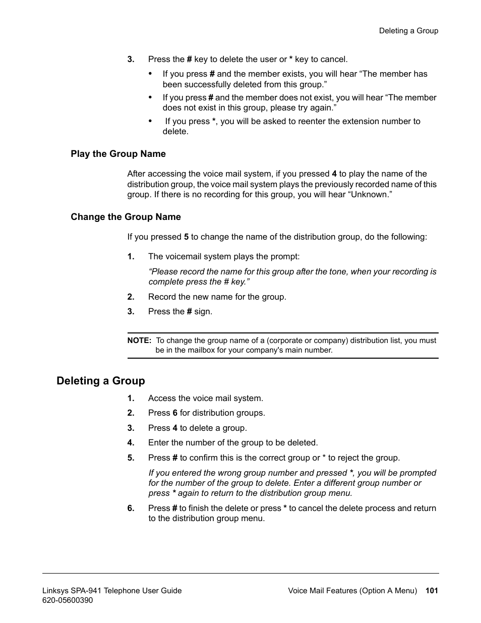Play the group name, Change the group name, Deleting a group | Play the group name change the group name | Linksys SPA-941 User Manual | Page 113 / 164